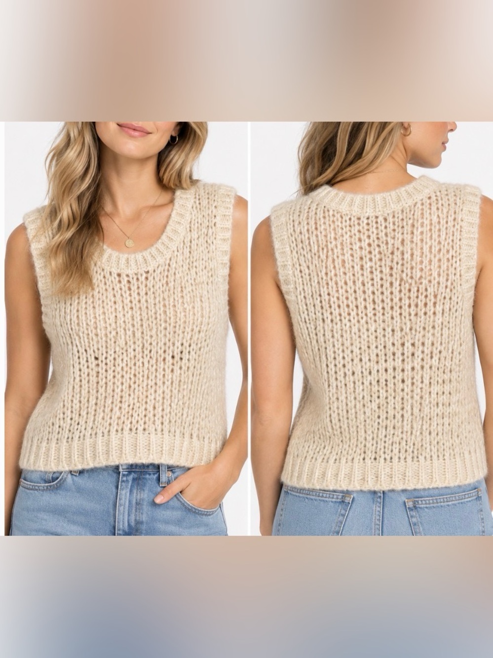 HYFVE Metallic Open Knit Sweater Vest Ivory Gold Women’s Medium HF24F342